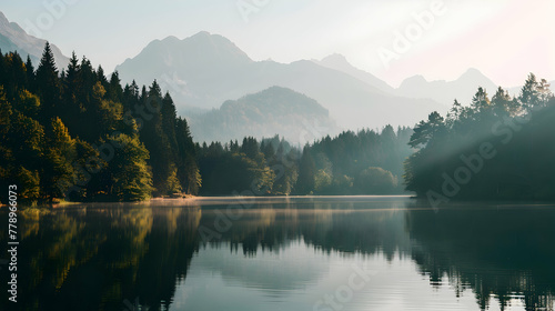 Serene lake in the morning with forest trees and mountain view desktop wallpaper background