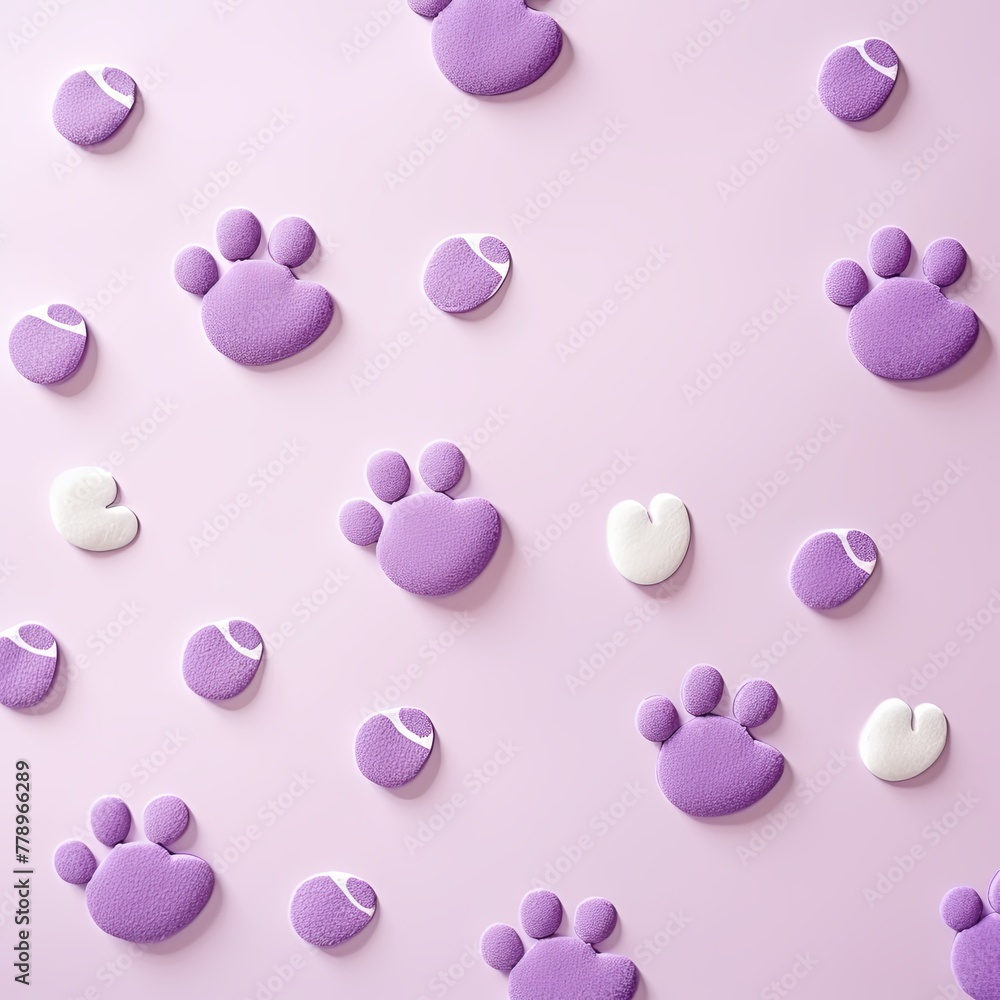 Violet paw prints on a background, minimalist backdrop pattern with copy space for design or photo, animal pet cute surface 