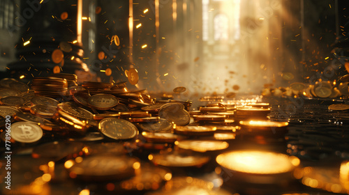 Digital illustration of various cryptocurrencies with Bitcoin in focus, surrounded by golden coins and sparkling lights, symbolizing wealth and digital finance.