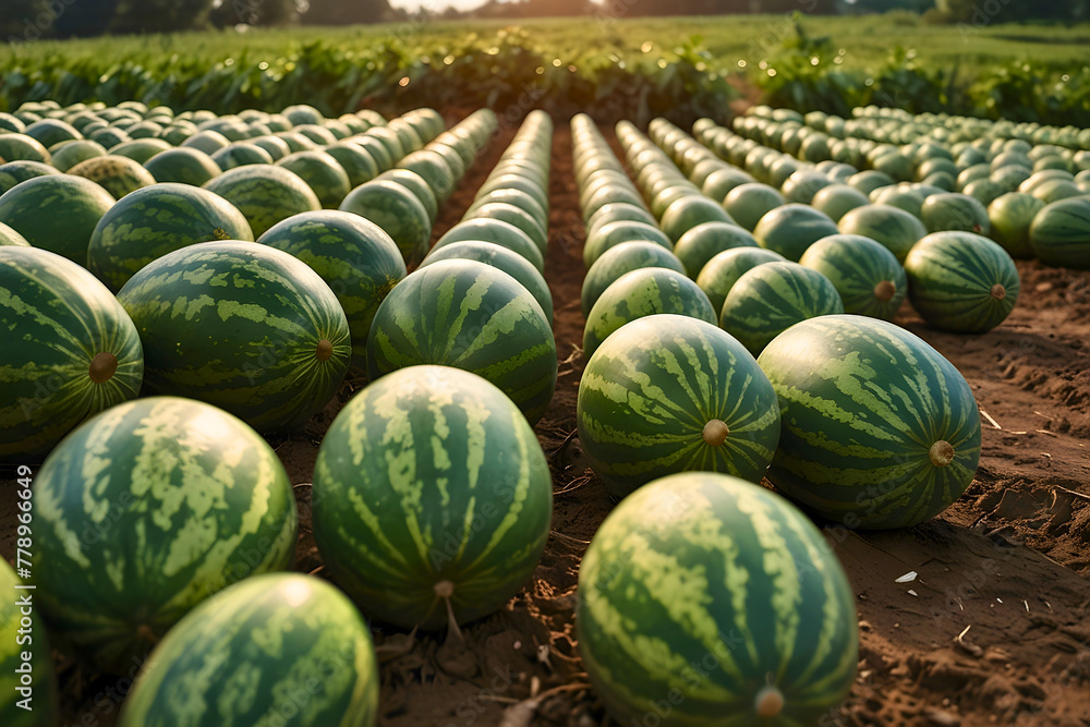 A large field full of good watermelons, which are symmetrical and waiting to be picked.