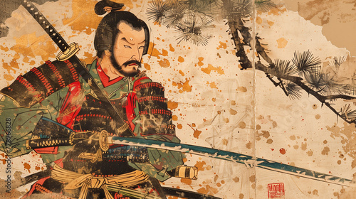 Artistic representation of a traditional Japanese samurai warrior in full armor, wielding a katana sword, with dynamic ink splashes and calligraphy on a textured background.