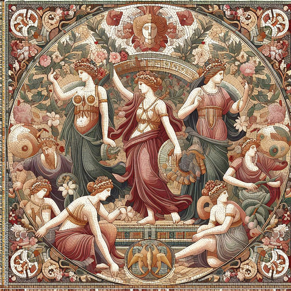Ancient roman mosaic illustration on the theme of female

