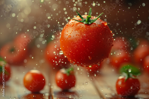 Fresh tomato with water droplets splashing on wooden surface, vibrant red against a blurred background, capturing movement and freshness.