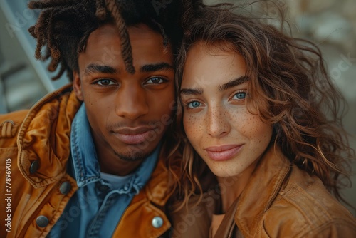 A couple in love. Happy mixed ethnicity couple looking at camera. Young african boy and blue eyed girl are taking a selfie. Smiling two friends european woman and african american man.
 photo