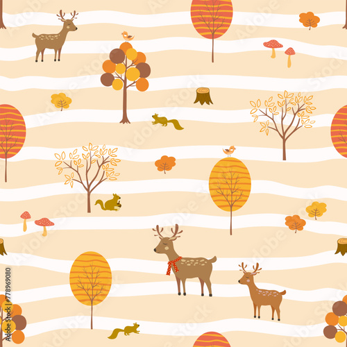 Autumn or Fall seamless pattern with cute animals in the forest.Kids texture for fabric,textile,apparel or wrapping paper