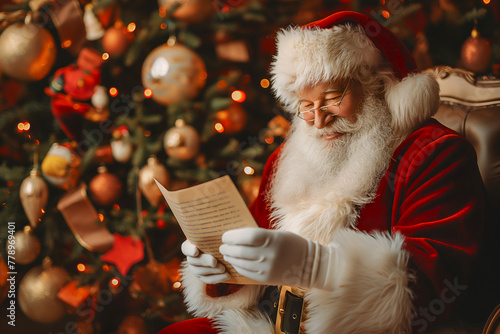 Happy Santa reading letter with list of wishes, against Xmas tree background, copy space. Focused Father Christmas reviewing list of Christmas wishes. Christmas background, Santa and presents list