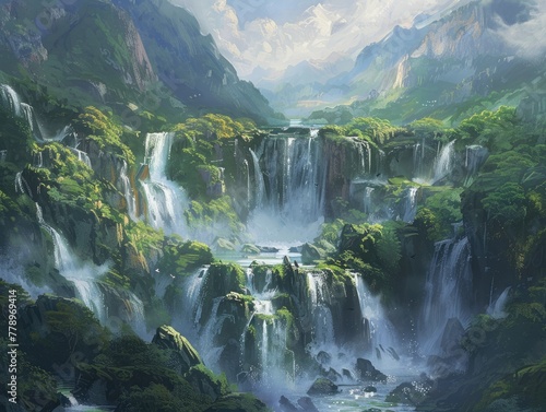 A painting of a mountain landscape with a waterfall photo