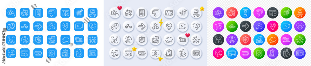 Next, Chemistry experiment and Face detection line icons. Square, Gradient, Pin 3d buttons. AI, QA and map pin icons. Pack of Ranking star, Parcel shipping, Cogwheel icon. Vector