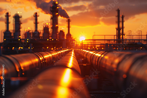 Industrial refinery at sunrise with smokestacks and pipelines. Environmental impact and energy industry concept. Design for report on energy, environmental brochure, oil and gas industry background