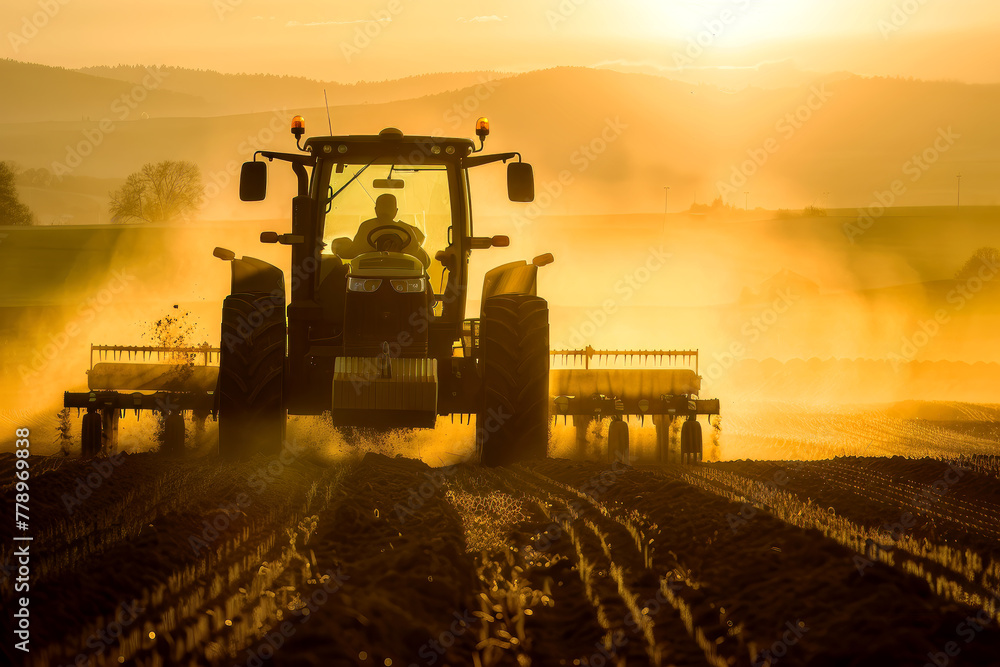 Farming tractor plowing near yellow orange sunrise, soil cultivation equipment under golden sunlight Farming tractor plowing near yellow orange sunrise, soil cultivation equipment under golden sunlight