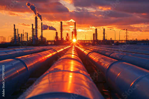 Industrial refinery at sunrise with smokestacks and pipelines. Environmental impact and energy industry concept. Design for report on energy, environmental brochure, oil and gas industry background