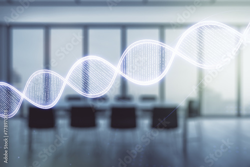 DNA hologram on a modern boardroom background, biotechnology and genetic concept. Multiexposure © Pixels Hunter
