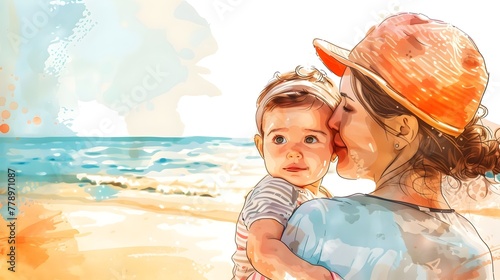 Tender Embrace of a Mother and Child at the Serene Beach Capturing the Wonder of Sand and Sea