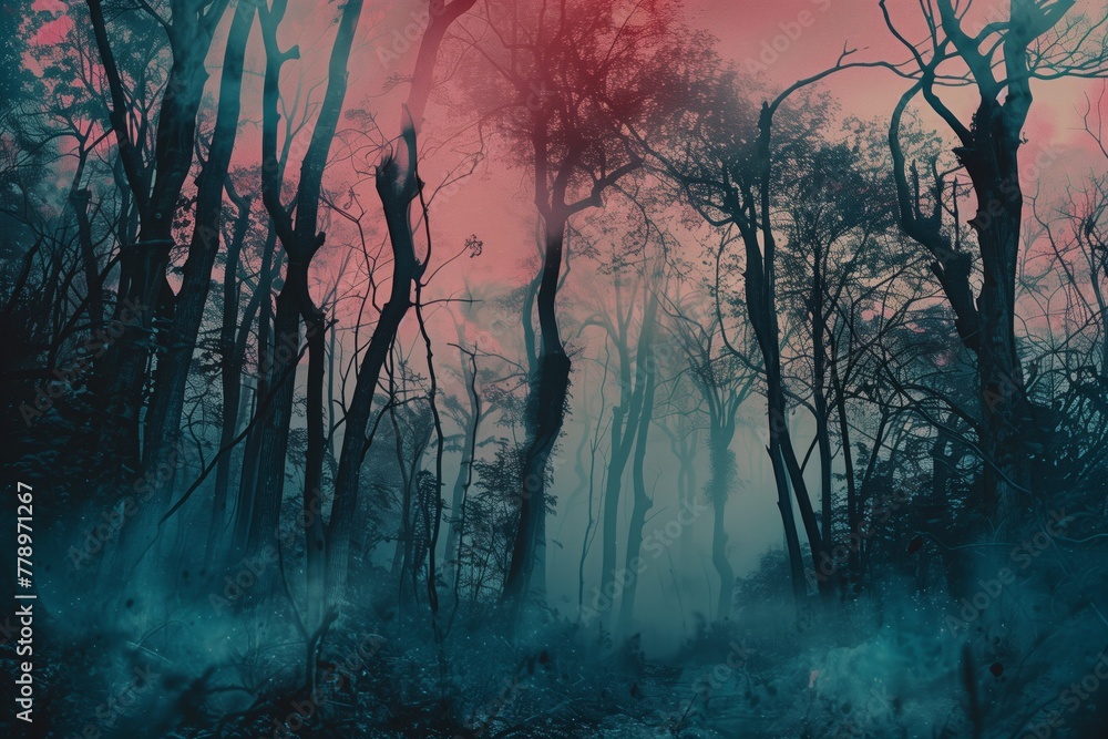 Surreal collage of scary and mysterious forest	