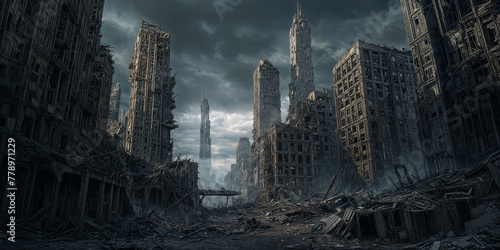 Post apocalyptic city in total ruin, destroyed and damaged buildings with debris on the streets, abandoned and derelict grim future dystopia. 