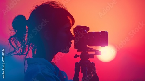 A woman is taking a picture of the sun with a camera. The photo is in a purple and pink color scheme, giving it a dreamy and romantic feel