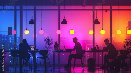 A group of people are sitting at tables in a brightly lit room with colorful lights. Scene is lively and energetic, as the people are working on their laptops