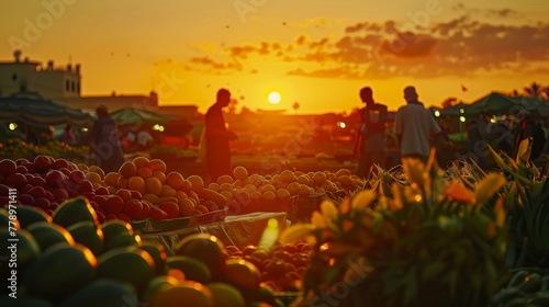 A group of people are standing in a market with a sunset in the background. The market is filled with a variety of fruits and vegetables, including apples, oranges, and bananas