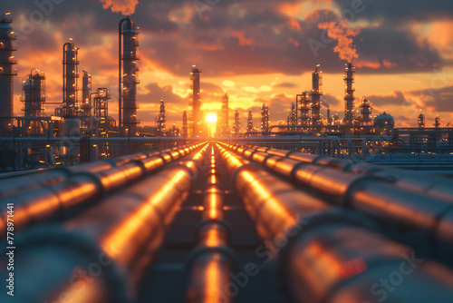 Sunset over industrial refinery with pipelines and distillation towers. Energy and petroleum industry at dusk with vibrant sky. Design for energy sector report, oil and gas brochure, industrial infras