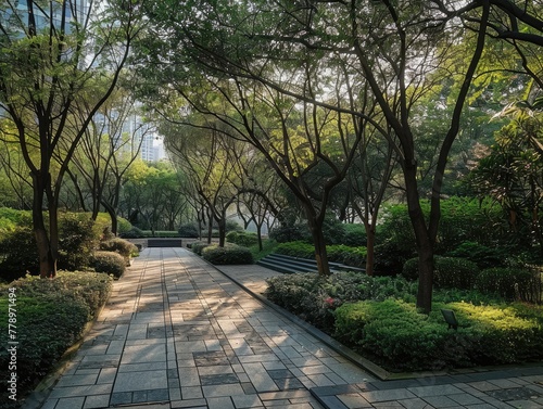 A park with a path and trees