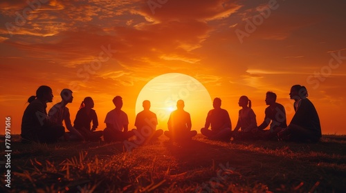 A group of people sitting in a circle on a grassy field with the sun in the background