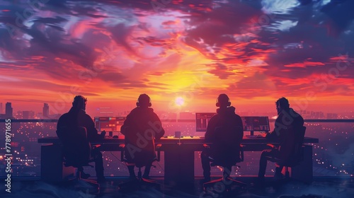 A group of people are sitting at a desk with a sunset in the background