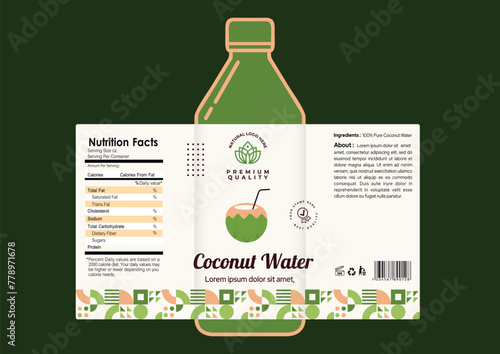 Coconut water bottle label design, product label design with coconut water logo, editable vector file abstract label design