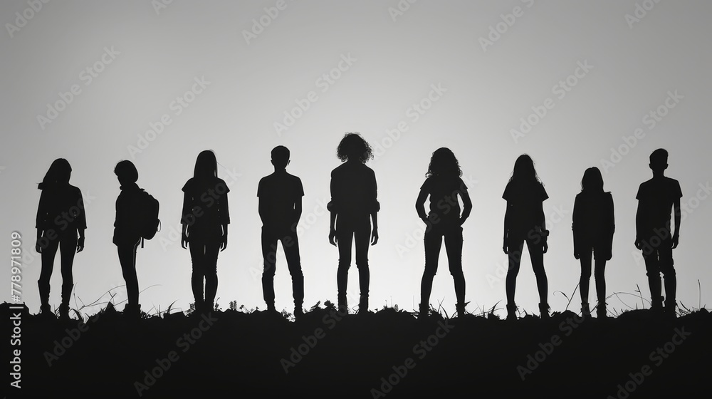 A group of people are standing in a line, with some of them carrying backpacks. The image has a somber and serious mood, as the people are all standing in a line and not interacting with each other A group of people are standing in a line, with some of them carrying backpacks. The image has a somber and serious mood, as the people are all standing in a line and not interacting with each other