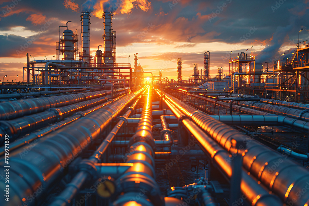 Sunset over industrial refinery with pipelines and distillation towers ...