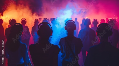 A group of people wearing headphones and standing in front of a smoke machine. Scene is energetic and lively
