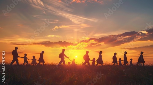 A group of people are walking in a field at sunset. The silhouettes of the people are cast against the sky, creating a sense of unity and togetherness. The warm colors of the sunset