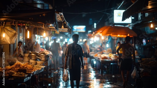 A man is walking down a wet street with a bag in his hand. The street is crowded with people and there are many umbrellas in the scene. Scene is busy and bustling © Rattanathip
