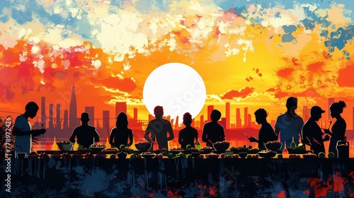 A group of people are gathered around a table with food, and the sun is setting in the background