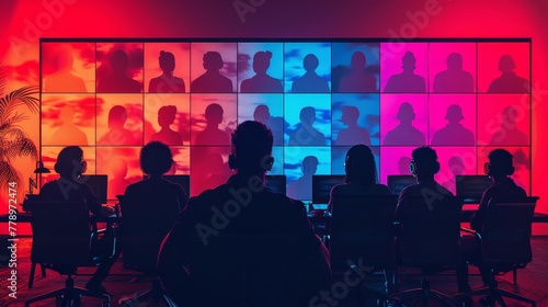 A group of people are sitting in front of a large screen with a variety of faces on it. Scene is one of focus and concentration, as the people are likely watching a presentation or a video