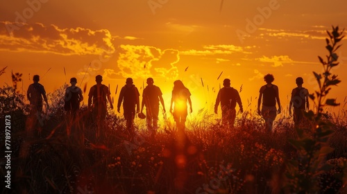 A group of people are walking in a field at sunset. The sun is setting in the background, casting a warm glow over the scene. The people are walking in a line, with some of them carrying backpacks
