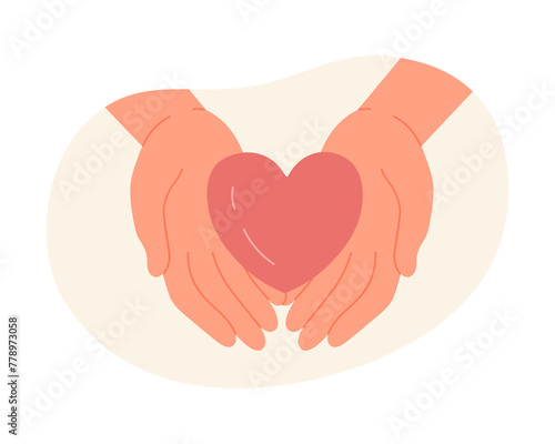 Heart in human hands. Sharing love and care, charity and donation cartoon vector illustration