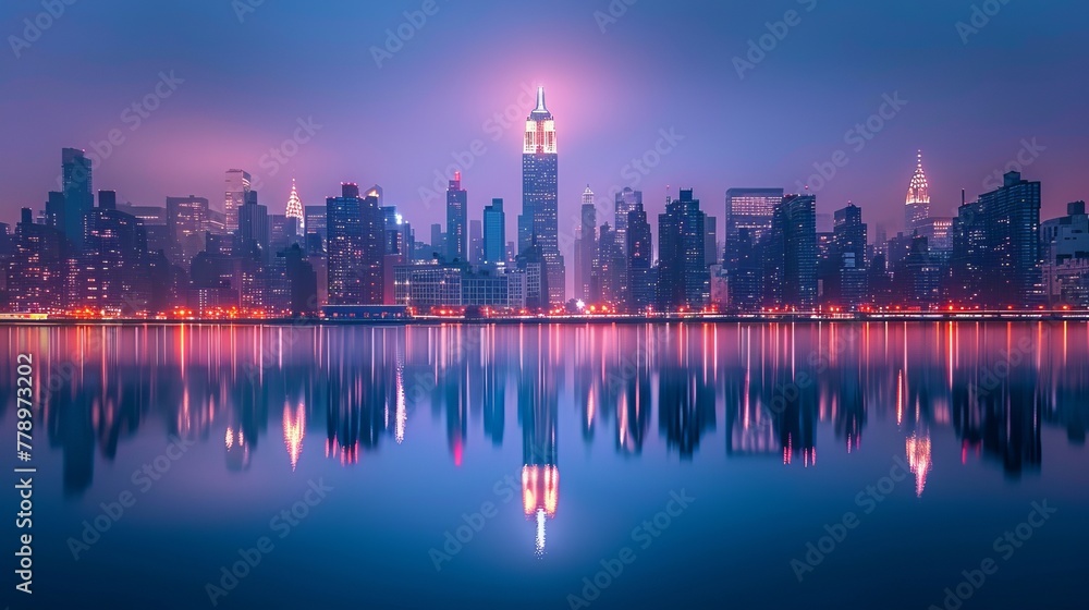 Hyperrealistic manhattan skyline at evening with city lights, skyscrapers, and river reflections