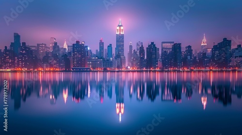 Hyperrealistic manhattan skyline at evening with city lights, skyscrapers, and river reflections