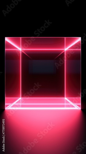 Pink glass cube abstract 3d render, on black background with copy space minimalism design for text or photo backdrop 