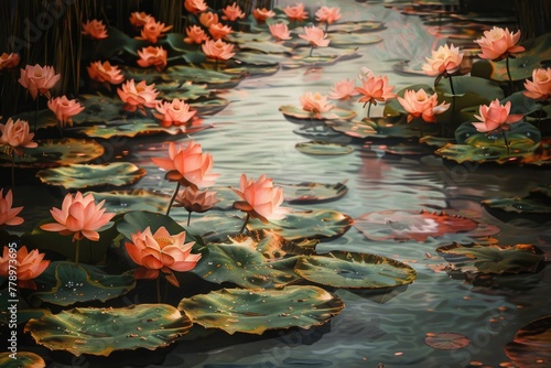 Hyper-realistic image of floating lotus flowers forming a path for a Buddha procession on his birthday