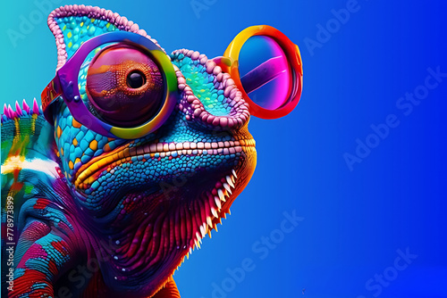 Colourful Chameleon Wearing Glass at Close-up Look with Solid Plain Background ,Generative Ai © Zigma Arts