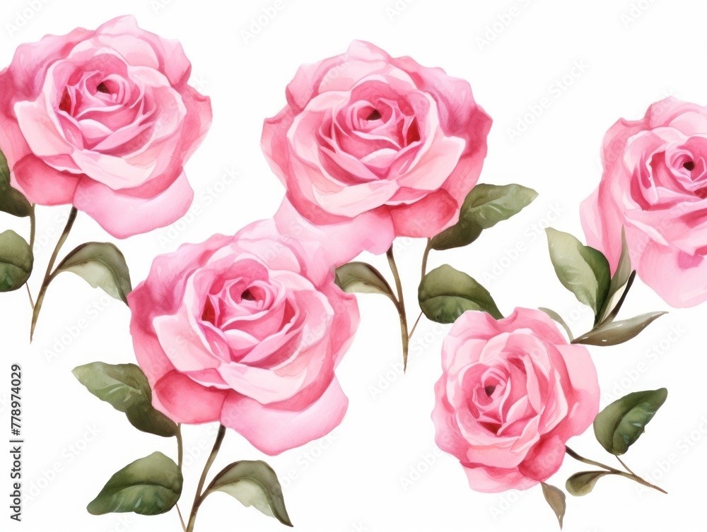Fototapeta premium Pink roses watercolor clipart on white background, defined edges floral flower pattern background with copy space for design text or photo backdrop minimalistic