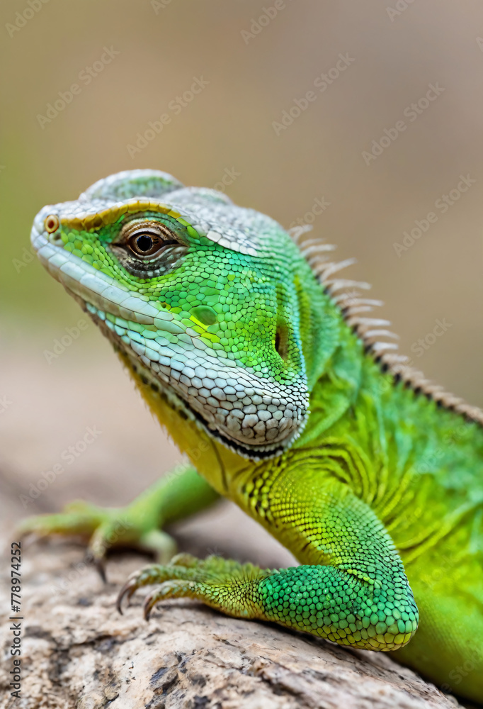 Photo of large green lizard. Iguana generated by artificial intelligence. Fantasy animals, new species, colorful exotic animals, bright colors, reptiles, alert eyes, scales, dinosaurs. Photo of large green lizard. Iguana generated by artificial intelligence. Fantasy animals, new species, colorful exotic animals, bright colors, reptiles, alert eyes, scales, dinosaurs.