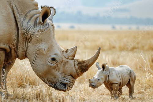 White Rhino Mother   Baby standing on an open grass plain
