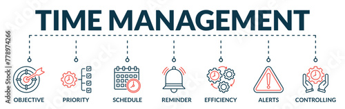 Banner of time management web vector illustration concept with icons of objective, priority, schedule, reminder, efficiency, alerts, controlling