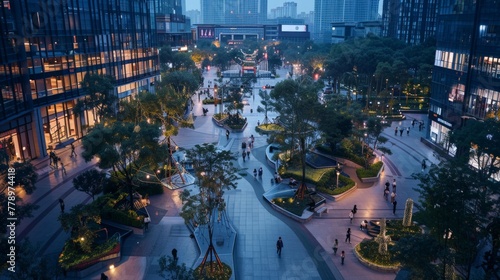 A Chinese urban planner collaborates with AI to redesign city spaces, blending traditional aesthetics with smart technology in a public square.