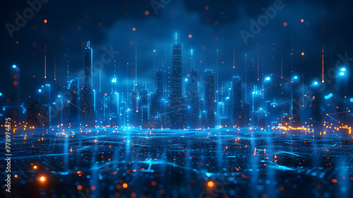 Abstract hologram and data particle above the city at night in cyber space