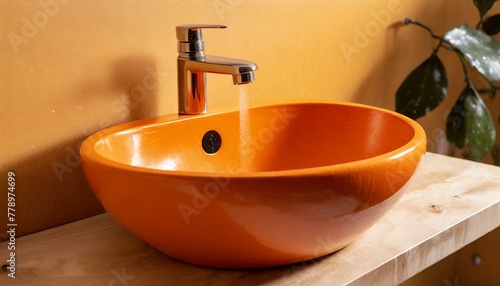 bathroom sink and faucet, Close-up of orange sink in bathroom in eco-friendly style design, offering ample copy space interior design