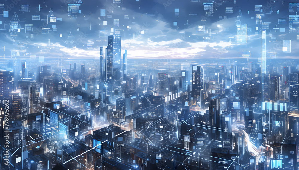 Abstract hologram and data particle above the city at night in cyber space Abstract hologram and data particle above the city at night in cyber space