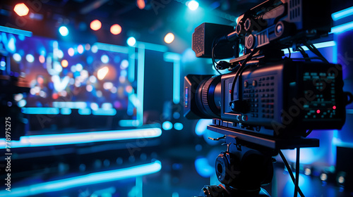 Television studio space where live broadcasting takes place, with clearly visible video camera lenses and colored lighting photo